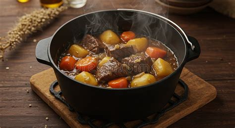 Thematic photo of a rich beef stew in a cast iron pot