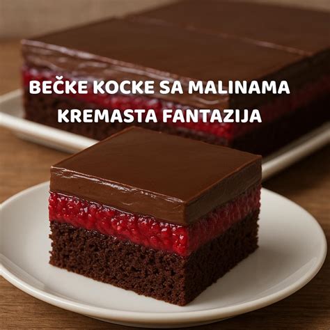 Prikaz postopka rezanja biskvita na enakomerne kocke in priprava čokoladnega preliva.