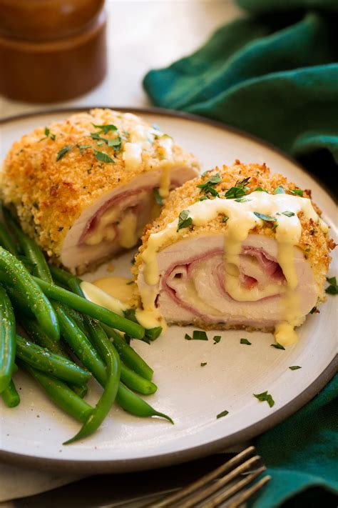 Thematic photo of a finished Chicken Cordon Bleu with a side dish