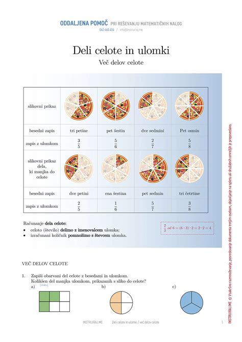 Infografika: Pica razdeljena na polovice, četrtine in osmine za prikaz ekvivalentnih ulomkov