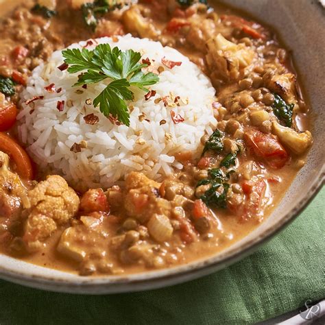 fotografija krožnika s kremnim curryjem iz leče in belim rižem