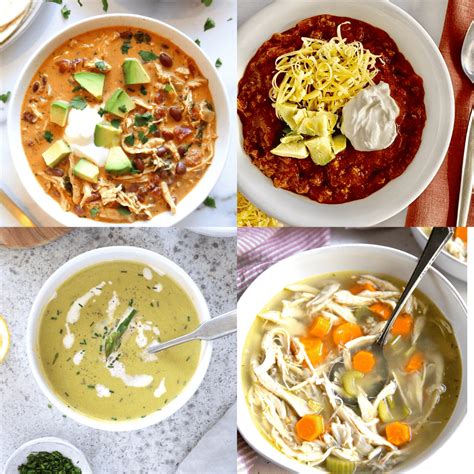 Thematic photo of various healthy, low-carb soups in bowls