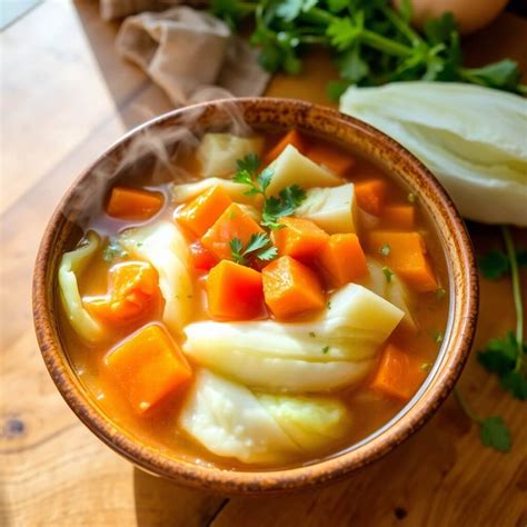 Photo of a steaming bowl of cabbage soup