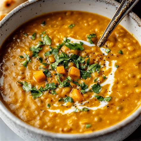 Photo of a vegan lentil, pumpkin, and cranberry soup