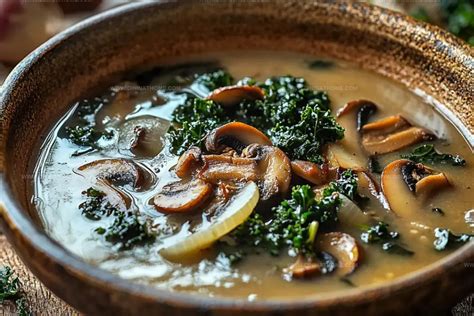 Photo of a vibrant soup made with kale, mushrooms, onion, and garlic