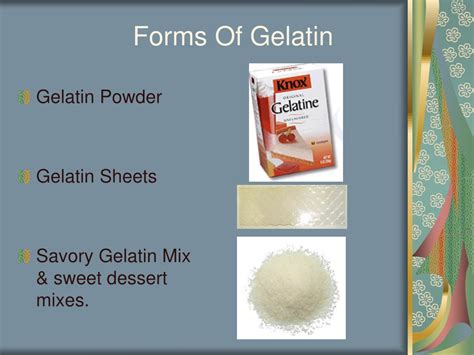 Infographic or photo illustrating different forms of gelatin (sheets, powder) and gelling process