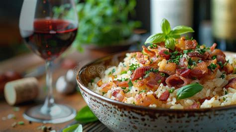 Thematic photo of a creamy risotto with prosciutto and a glass of red wine.