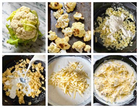 Photo of a pan with roux being prepared, then cauliflower florets and liquids added
