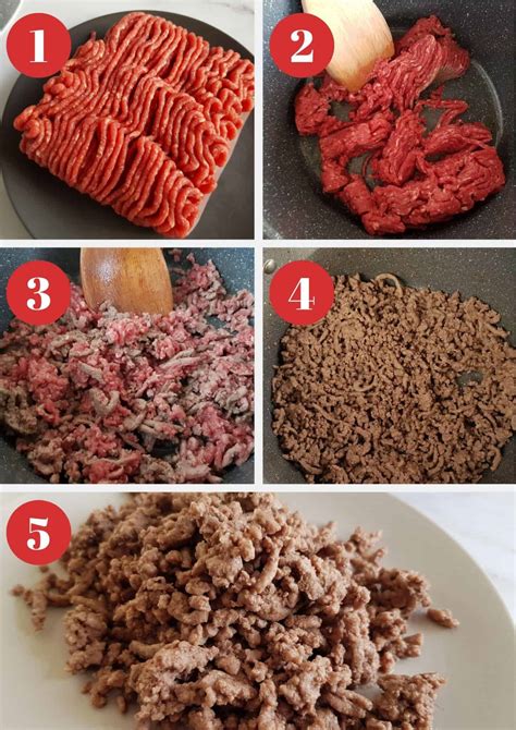 Step-by-step photo of minced meat browning in a pan