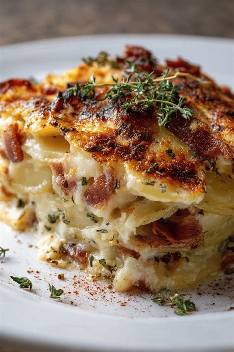 Thematic photo of a delicious potato and bacon gratin, freshly baked