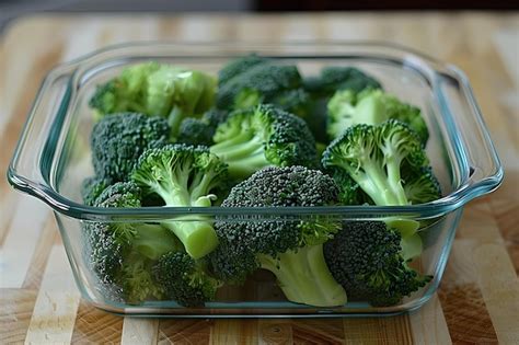 Photo of cooked broccoli stored in an airtight glass container in a refrigerator