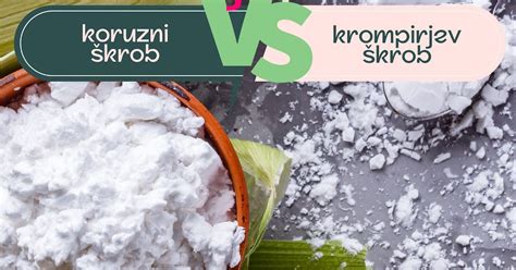 Prikaz različnih vrst škroba (koruzni, krompirjev, tapioka) v steklenih posodicah za lažjo vizualno predstavo.