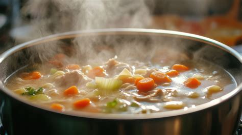 Thematic photo of a steaming bowl of chicken soup with vegetables and noodles, conveying warmth and comfort.