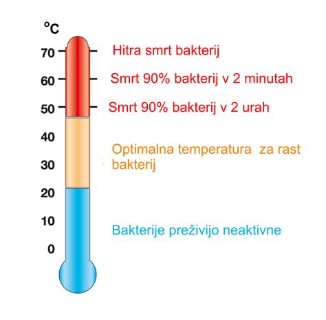 Infografika: Pogoji za razmnoževanje bakterij v hrani (temperatura, čas, vlaga)