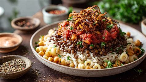 Fotografija sklede Kushari z vsemi sestavinami in prelivom