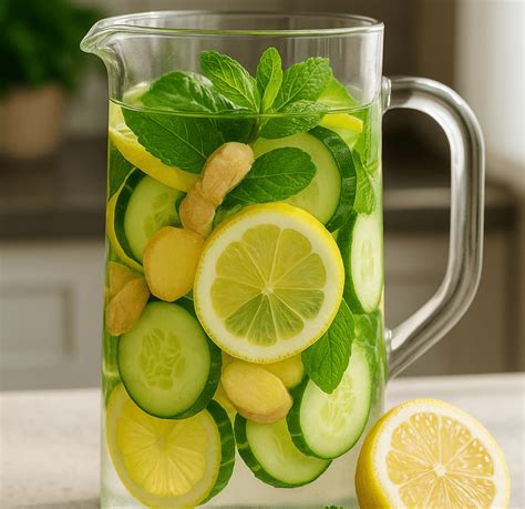 Narezana sveža kumara, limona, ingver in meta v vrču z vodo za detox napitek