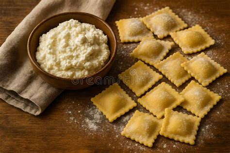 Thematic photo of fresh homemade ravioli on a floured board