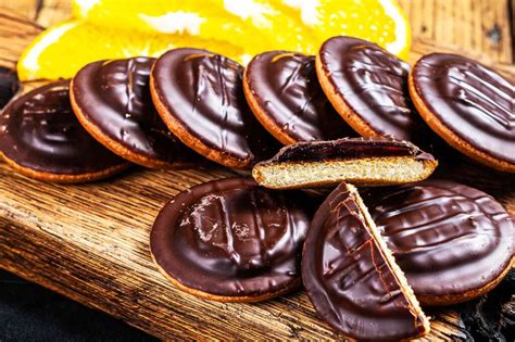 Close-up photo of Jaffa cakes with orange jelly layer