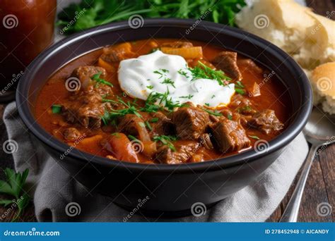 Thematic photo of a rich stew with a dollop of sour cream