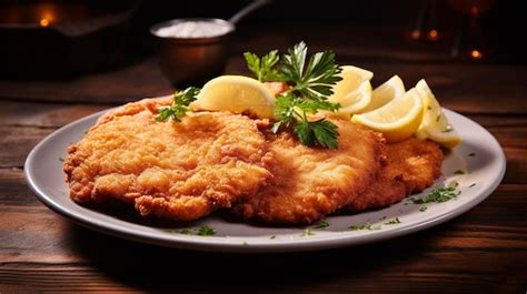 Thematic photo of a perfectly fried Parisian schnitzel on a plate with traditional side dishes