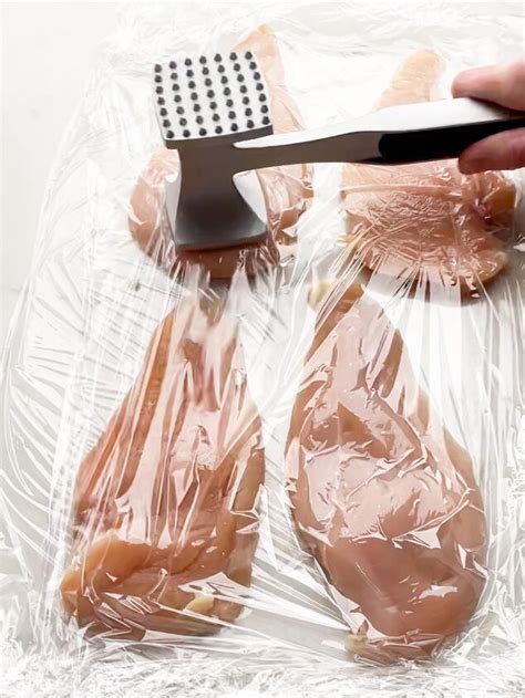 Infographics showing how to properly pound meat with a mallet between two layers of plastic wrap