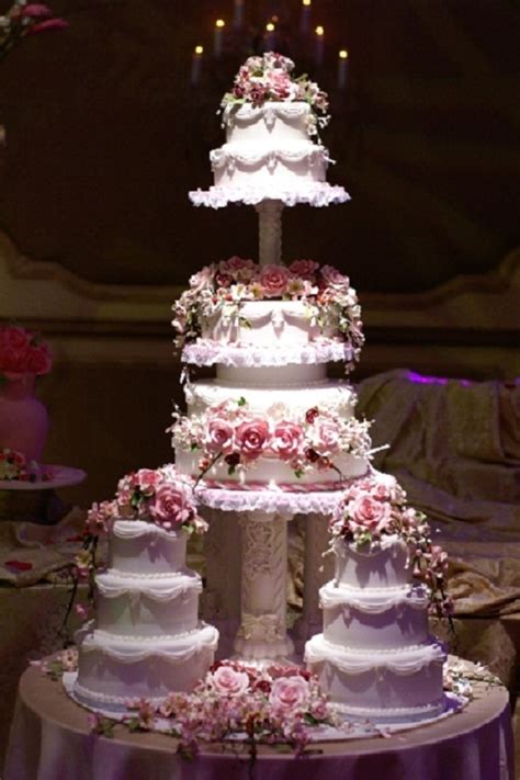 Photo of an elaborate tiered wedding cake or a birthday cake for a celebration
