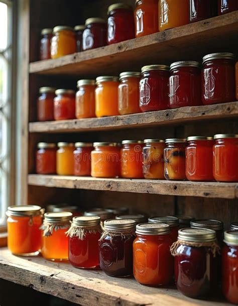 A shelf with various homemade jams in traditional jars with labels