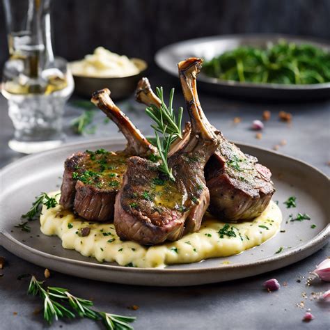 Thematic photo of roasted lamb with herb crust, garnished with thyme potato cakes.