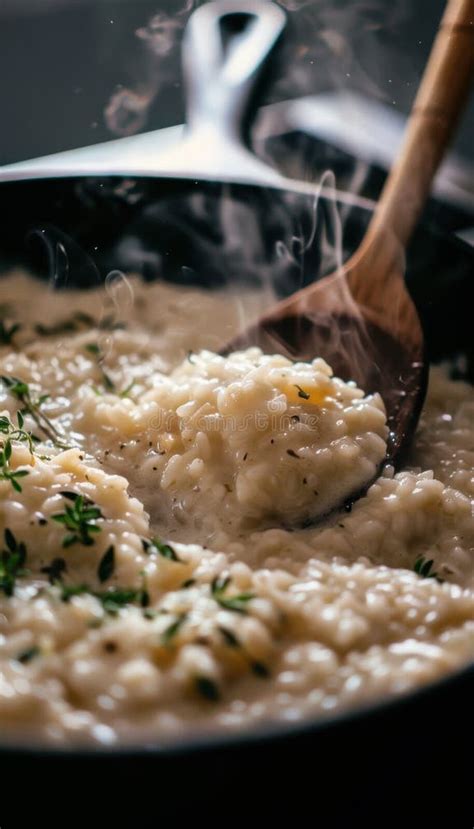 Close-up photo of creamy risotto being stirred in a pan