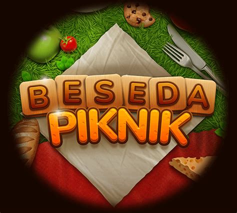 Ilustracija logotipa igre Besedni Piknik z elementi piknika in črkami.
