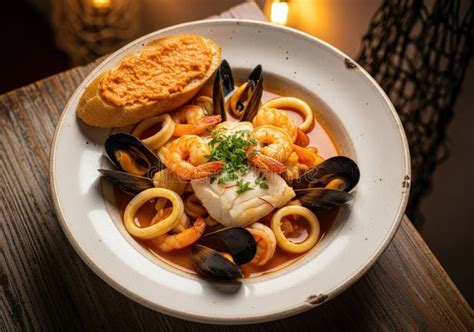 Thematic photo of a shrimp and fish stew in a bowl with toasted bread